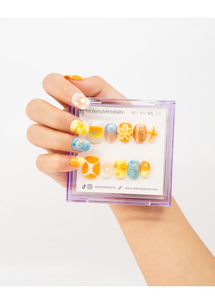 10'lu Kısa Yuvarlak Sarı TT1417 Tekrar Kullanılabilir El Yapımı Protez Takma Tırnak - Sarı-S