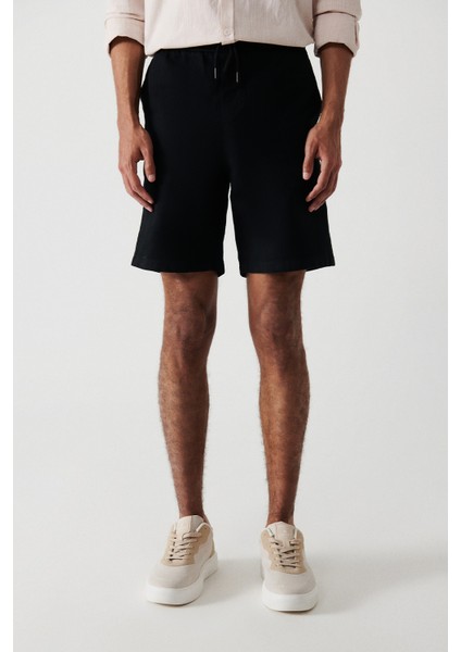 Erkek Siyah %100 Pamuk Yandan Cepli Beli Lastikli Keten Dokulu Relaxed Fit Şort E003603