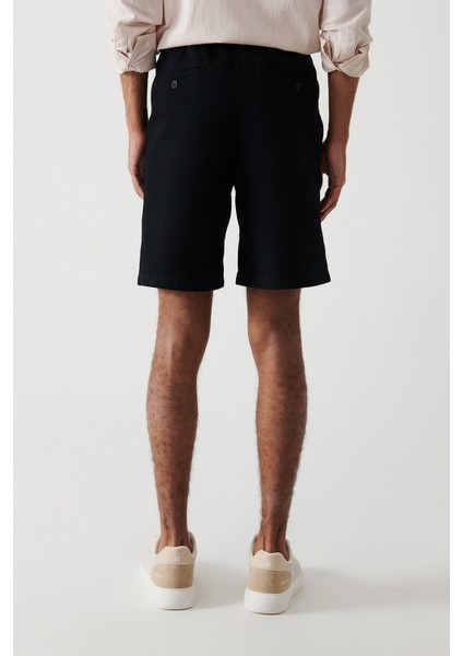 Erkek Siyah %100 Pamuk Yandan Cepli Beli Lastikli Keten Dokulu Relaxed Fit Şort E003603