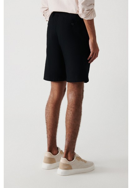 Erkek Siyah %100 Pamuk Yandan Cepli Beli Lastikli Keten Dokulu Relaxed Fit Şort E003603