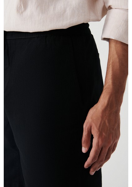 Erkek Siyah %100 Pamuk Yandan Cepli Beli Lastikli Keten Dokulu Relaxed Fit Şort E003603