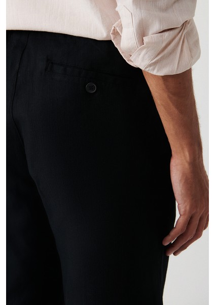 Erkek Siyah %100 Pamuk Yandan Cepli Beli Lastikli Keten Dokulu Relaxed Fit Şort E003603
