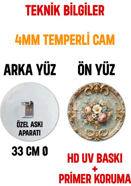 3D Görünümlü Temperli Cam Tablo – Çiçek ve Altın Varak Desenli Duvar Süsü Uv Baskı 33X33 CM-CDS079