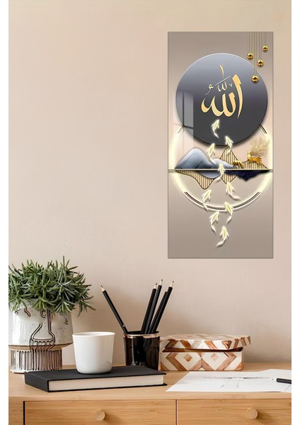Allah Yazılı Modern Altın Detaylı Temperli Cam Dik Tablo 30X60 cm Uv Baskı - DCT076
