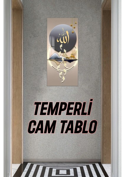 Allah Yazılı Modern Altın Detaylı Temperli Cam Dik Tablo 30X60 cm Uv Baskı - DCT076