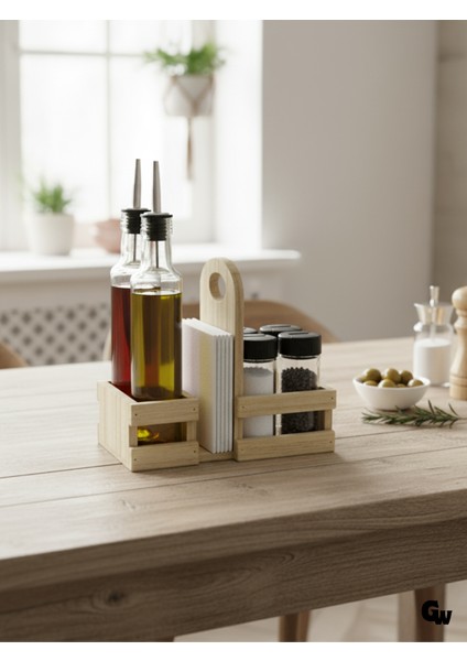 Ahşap Doğal Baharatlık Yağdanlık ve Peçetelik Takımı(Uzun Başlık)(Set)(Kavak-Ihlamur)