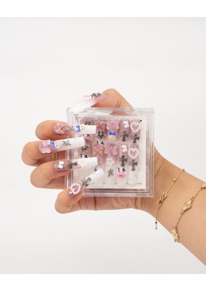 10'lu Beyaz Extra Extra Extra TT1438 Tekrar Kullanılabilir El Yapımı Protez Takma Tırnak - Beyaz-L