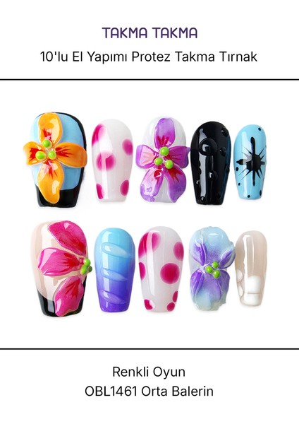 10'lu Renkli Orta Balerin OBL1461 Tekrar Kullanılabilir El Yapımı Protez Takma Tırnak - Renkli-M