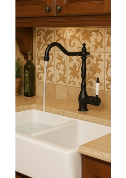 Rustik Mat Siyah Mutfak Evye Bataryası Otantik Osmanlı Prinç Gövde Vintage Tasarım Çanak Lavabo