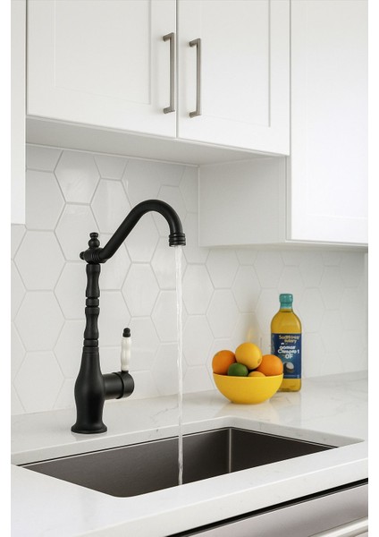 Rustik Mat Siyah Mutfak Evye Bataryası Otantik Osmanlı Prinç Gövde Vintage Tasarım Çanak Lavabo indirimleri