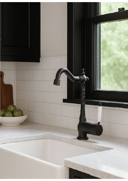 Rustik Mat Siyah Mutfak Evye Bataryası Otantik Osmanlı Prinç Gövde Vintage Tasarım Çanak Lavabo