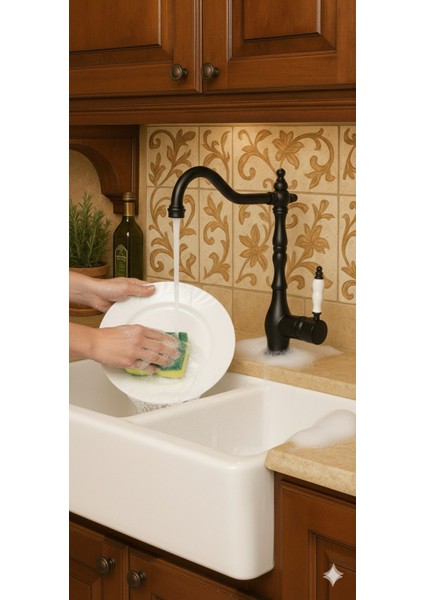 Rustik Mat Siyah Mutfak Evye Bataryası Otantik Osmanlı Prinç Gövde Vintage Tasarım Çanak Lavabo