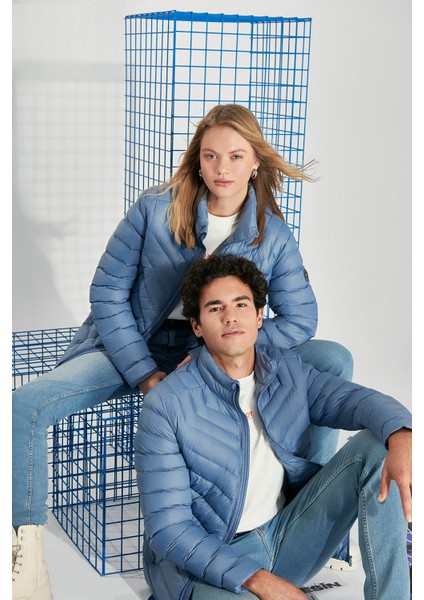 Erkek Açık Mavi Kaz Tüyü Su İtici Rüzgar Geçirmez Şişme Comfort Fit Mont B006020