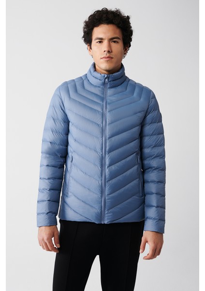 Erkek Açık Mavi Kaz Tüyü Su İtici Rüzgar Geçirmez Şişme Comfort Fit Mont B006020