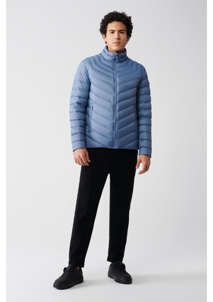 Erkek Açık Mavi Kaz Tüyü Su İtici Rüzgar Geçirmez Şişme Comfort Fit Mont B006020