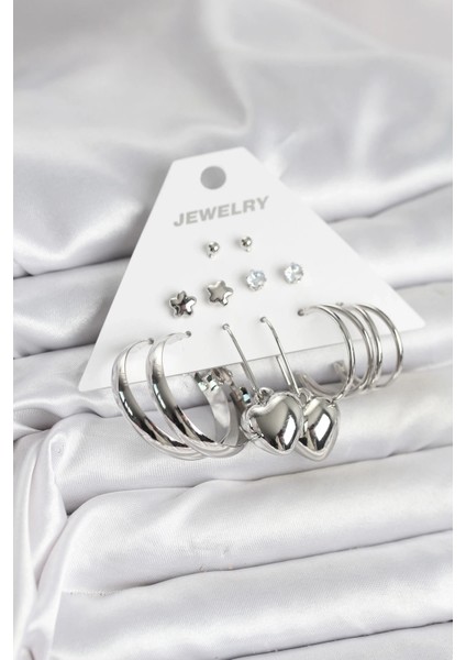 Pirinç Gümüş Renk 6 Çift Kadın Küpe Seti