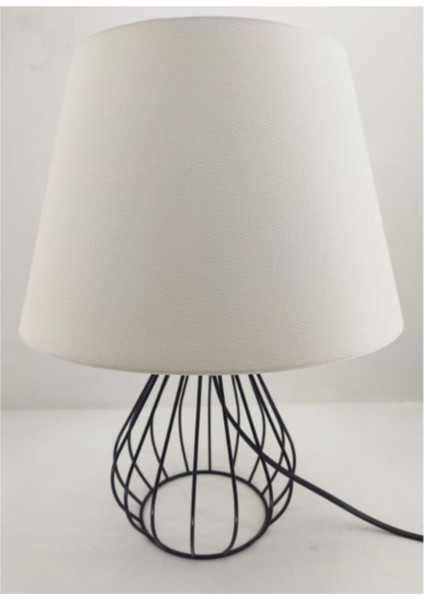 Rustic Metal Kafes Ferforje Ayaklı Beyaz Başlıklı Abajur Masa Lambası
