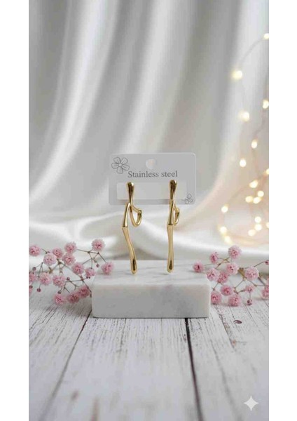 ​modern Sanat Akıcı Form Gold Uzun Küpe (Stainless Steel)