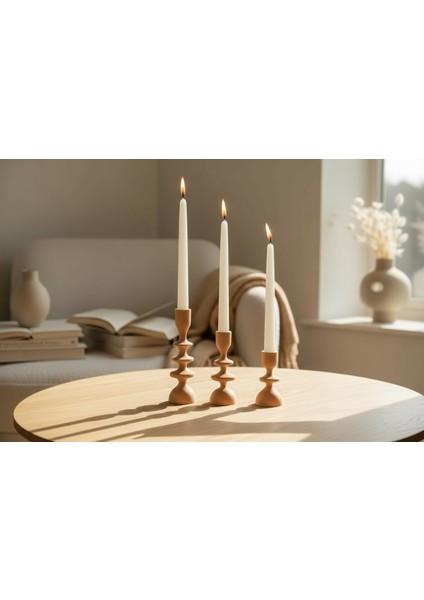 Heykelsi Ahşap Mumluklar - El Yapımı 3'lü Set