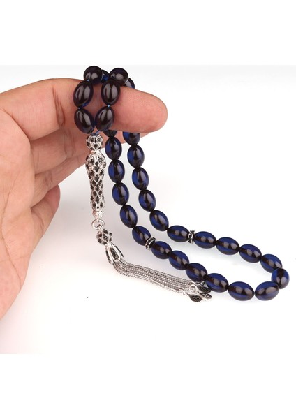 925 Ayar Gümüş Zirkon Taşlı Püsküllü Mavi Renk Ateş Kehribar Tesbih