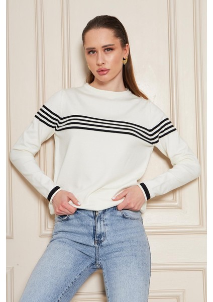 Kadın Bisiklet Yaka Yumuşak Dokulu Çizgili Triko Kazak 35111 fiyatları