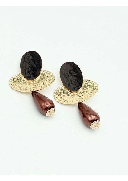 Elips Model Kahverengi Taşlı Sallantılı Çelik Kadın Küpe