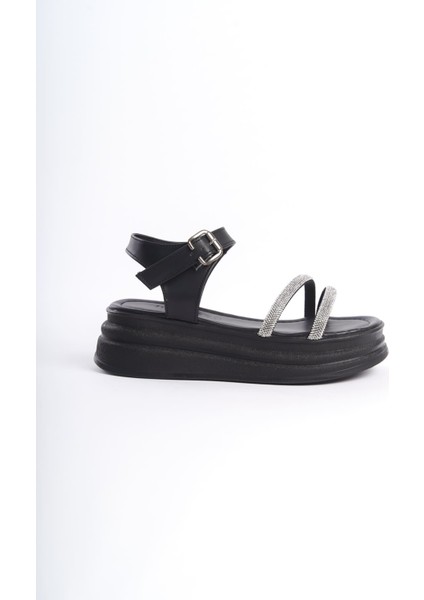 Zlohe Kalın Tokalı Taşlı Şeritli Ortopedik Taban Kadın Sandalet Cst - Siyah indirimleri