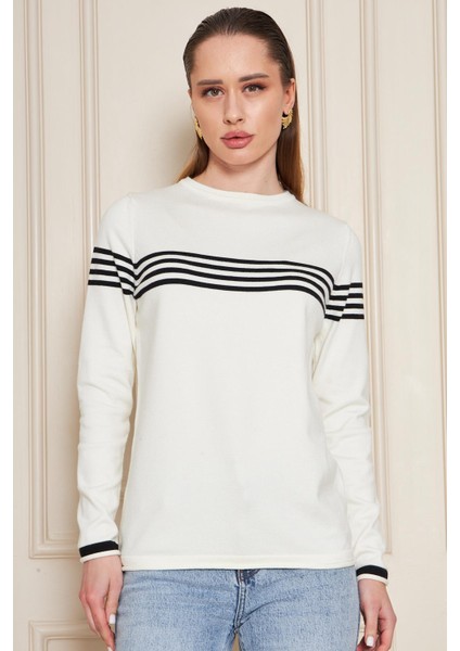 Kadın Bisiklet Yaka Yumuşak Dokulu Çizgili Triko Kazak 35111 modelleri