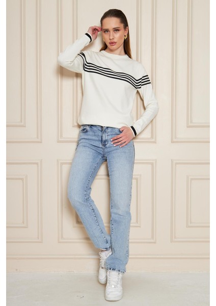 Kadın Bisiklet Yaka Yumuşak Dokulu Çizgili Triko Kazak 35111 fırsatları