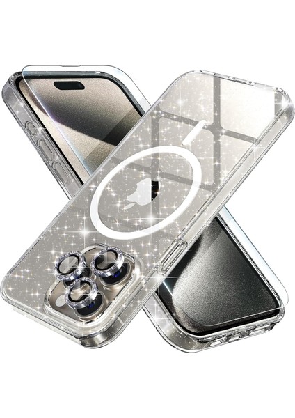 apple iPhone 15 Pro Max Uyumlu Simli Magsafe Şarj Özellikli Şeffaf Sert Pc Sararmaz Kılıf fiyatları