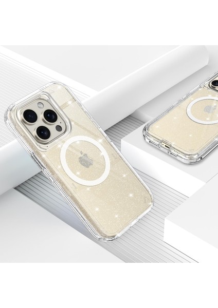 apple iPhone 15 Pro Max Uyumlu Simli Magsafe Şarj Özellikli Şeffaf Sert Pc Sararmaz Kılıf modelleri