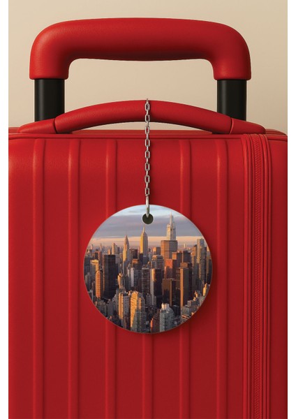 Desenli Baskılı Pleksi Zincir Aparatlı Bavul Etiketi Valiz Etiketi Gökdelenler