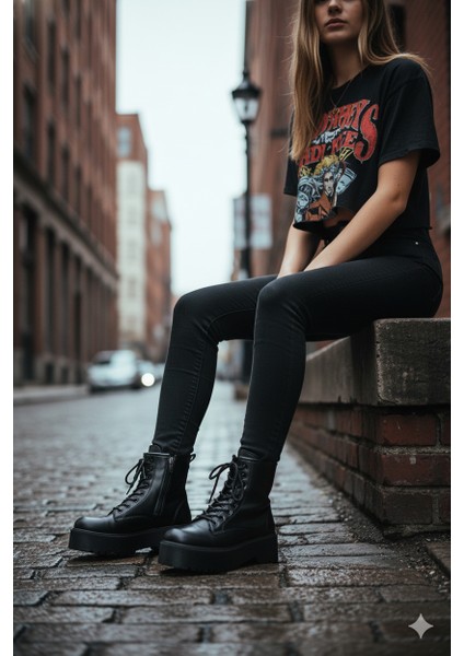 V652551009 Siyah Kalın Tabanlı Bağcıklı Kadın Postal Bot fiyatları