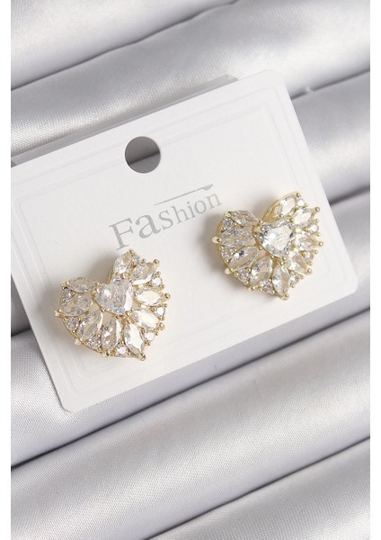 Bfs Pirinç Gold Renk Zirkon Taşlı Kalp Model Kadın Küpe