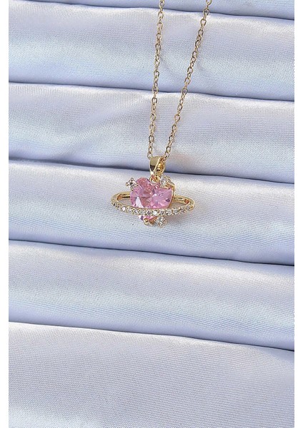 Bfs 316L Çelik Zincir Altın Renk Pembe Zirkon Taşlı Satürn Görünümlü Kalp Kolye