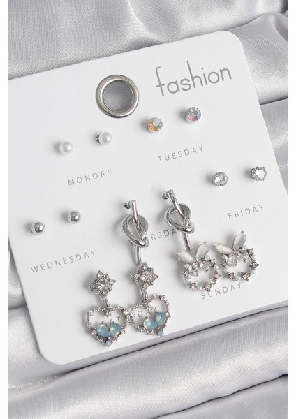 Bfs Pirinç Gümüş Renk Sallantı Zirkon Taşlı Kalp Model Düğüm Detay 7 Çift Kadın Küpe Seti