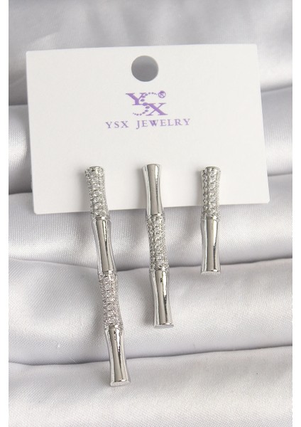 Bfs Pirinç Gümüş Renk Zirkon Taşlı Bambu Model 3'lü Kadın Kombin Küpe