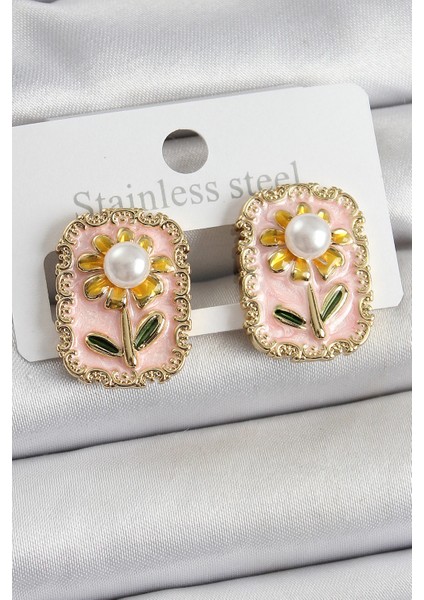 Bfs Pirinç Pembe Mineli Papatya Figürlü Sanatsal Portre Model Gold Renk Kadın Küpe