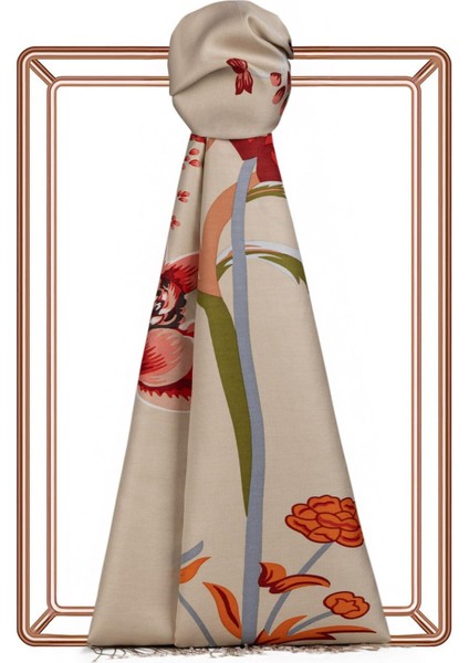 Ipekevi Desenli Ipek Şal - Amaryllis Desenli - Krem