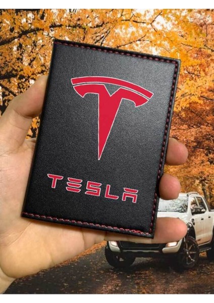 Tesla Desenli Ruhsat Kabı Logolu Oto Ruhsat Kılıfı Vinleks Deri Dikişli Araç Ruhsat Koruyucu