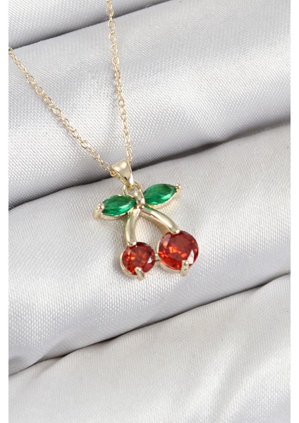 Bfs Pirinç Zirkon Taşlı Kiraz Model Gold Renk Kadın Kolye