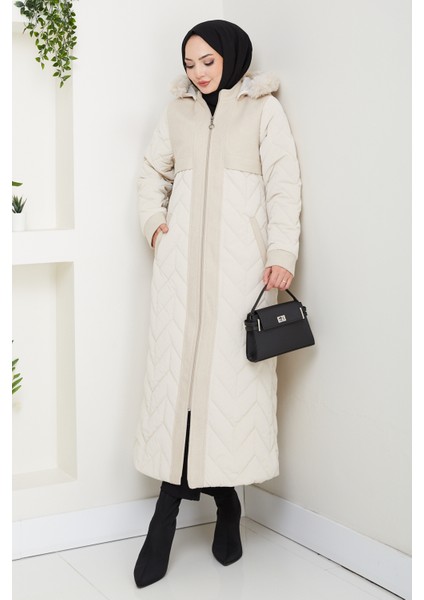 Kadın Astarlı Kaşe Detaylı Tam Boy Nova Kapitone Mont -PMK483