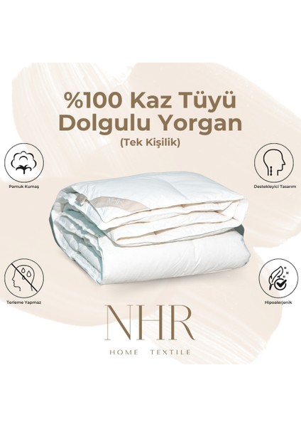 %100 Kaz Tüyü Dolgulu, %90 Gıdık Antibakteriyel, Isı Dengeleyici, Tek Kişilik Yorgan / 155X215