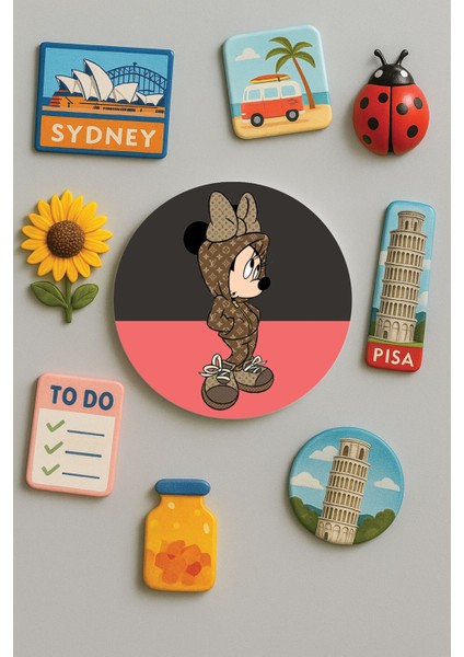 Modern ve Dekoratif Yuvarlak Buzdolabı Magneti Magnet Büyük Boy 10X10 cm - Minnie