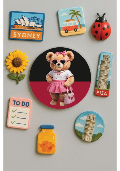 Modern ve Dekoratif Yuvarlak Buzdolabı Magneti Magnet Büyük Boy 10X10 cm - Miss Teddy