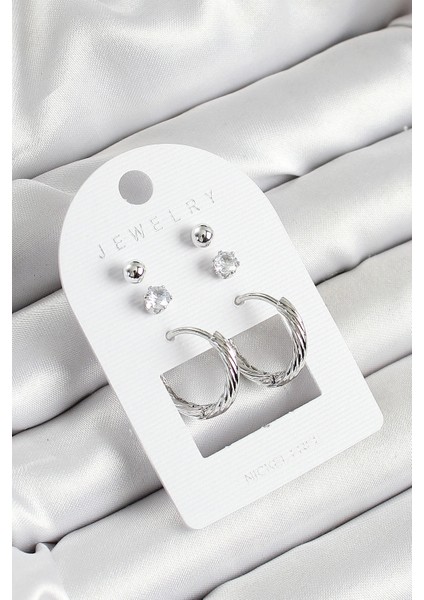 Bfs Pirinç Zirkon Taş ve Halka Figürlü Gümüş Renk 3'lü Çift Kadın Küpe Set