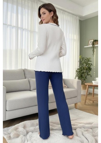 Kalp Detaylı Nakışlı Bej - Lacivert Uzun Kollu Pijama Takımı fırsatları
