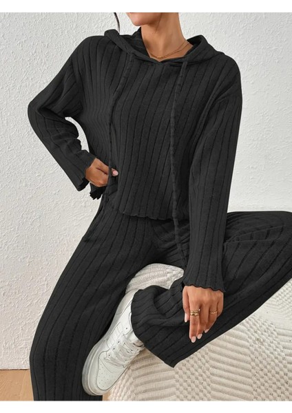 Siyah Fitilli Kapüşonlu Pamuklu Uzun Kollu Pijama Takımı
