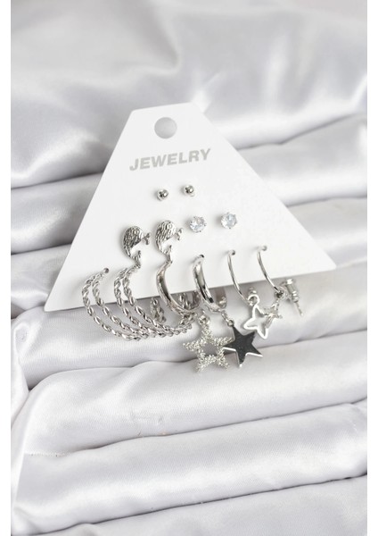 Pirinç Gümüş Renk 6'lı Kadın Küpe Seti