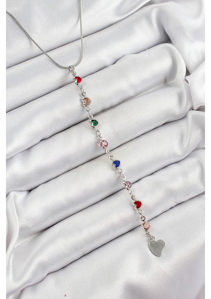 Bfs Pirinç Gümüş Renk Karışık Renk Zirkon Taşlı Kalpli Y Kadın Kolye